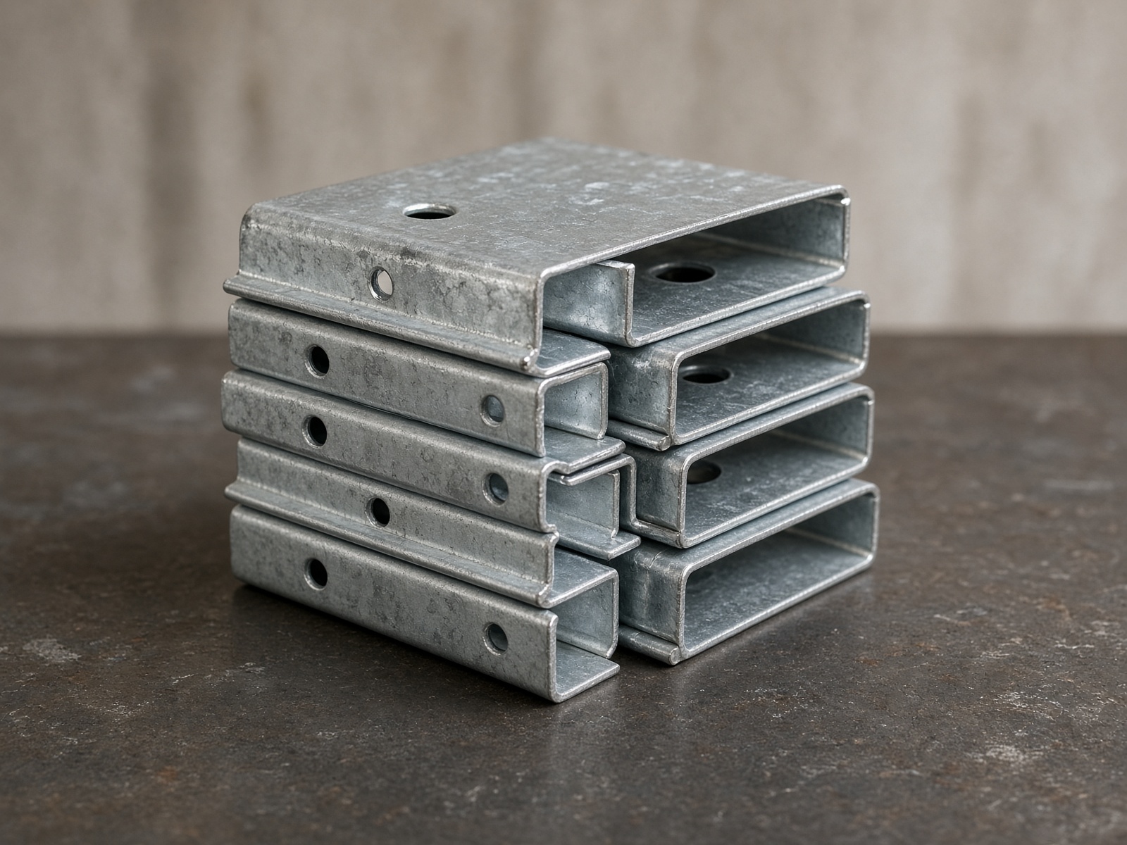 Stack of galvanised steel scaffold board end bands on a steel bench