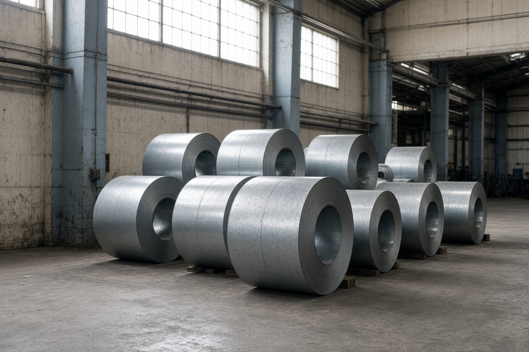 Coils of galvanised strip steel in a factory bay