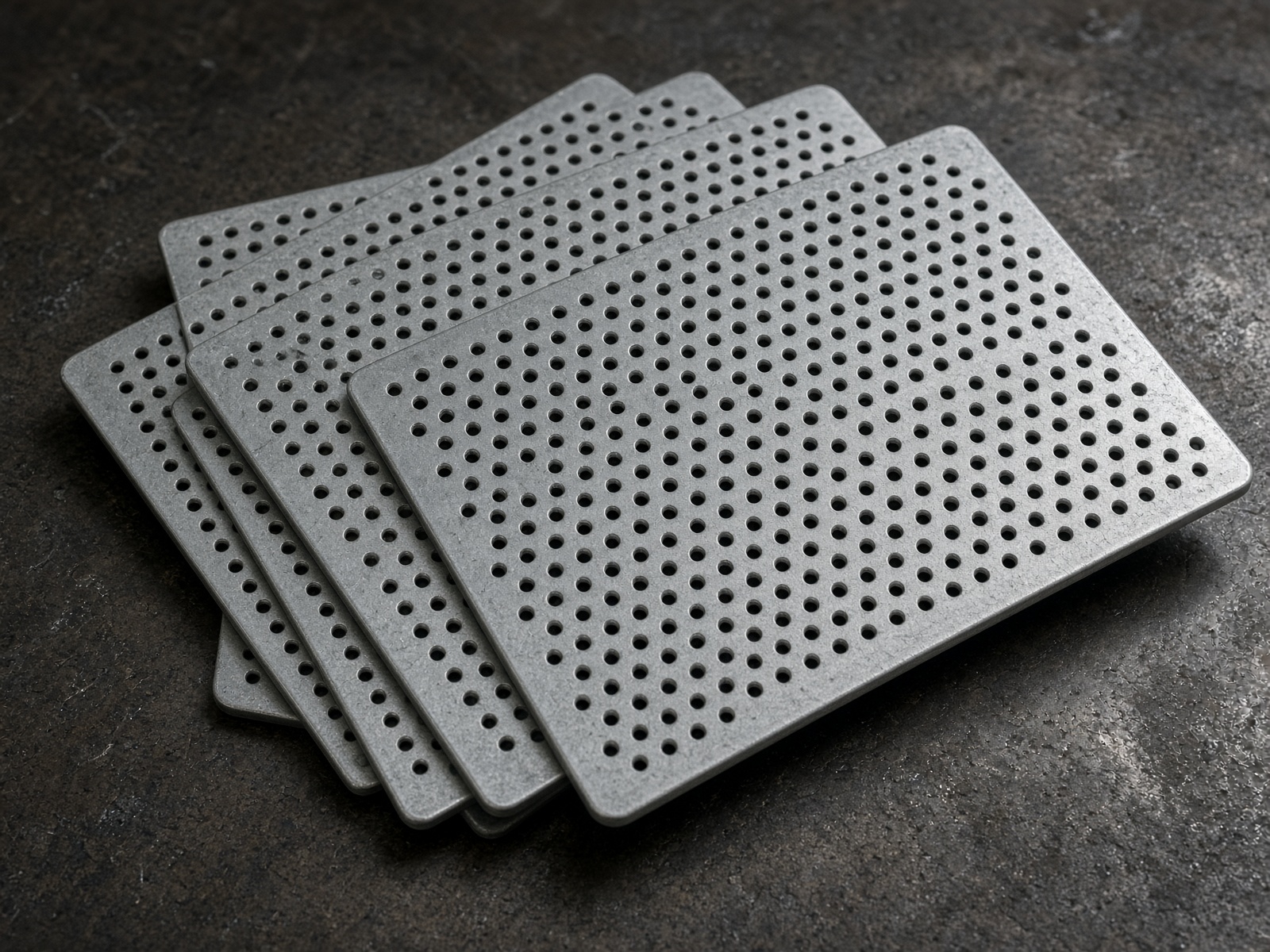 Galvanised perforated nail plates fanned on a dark steel surface