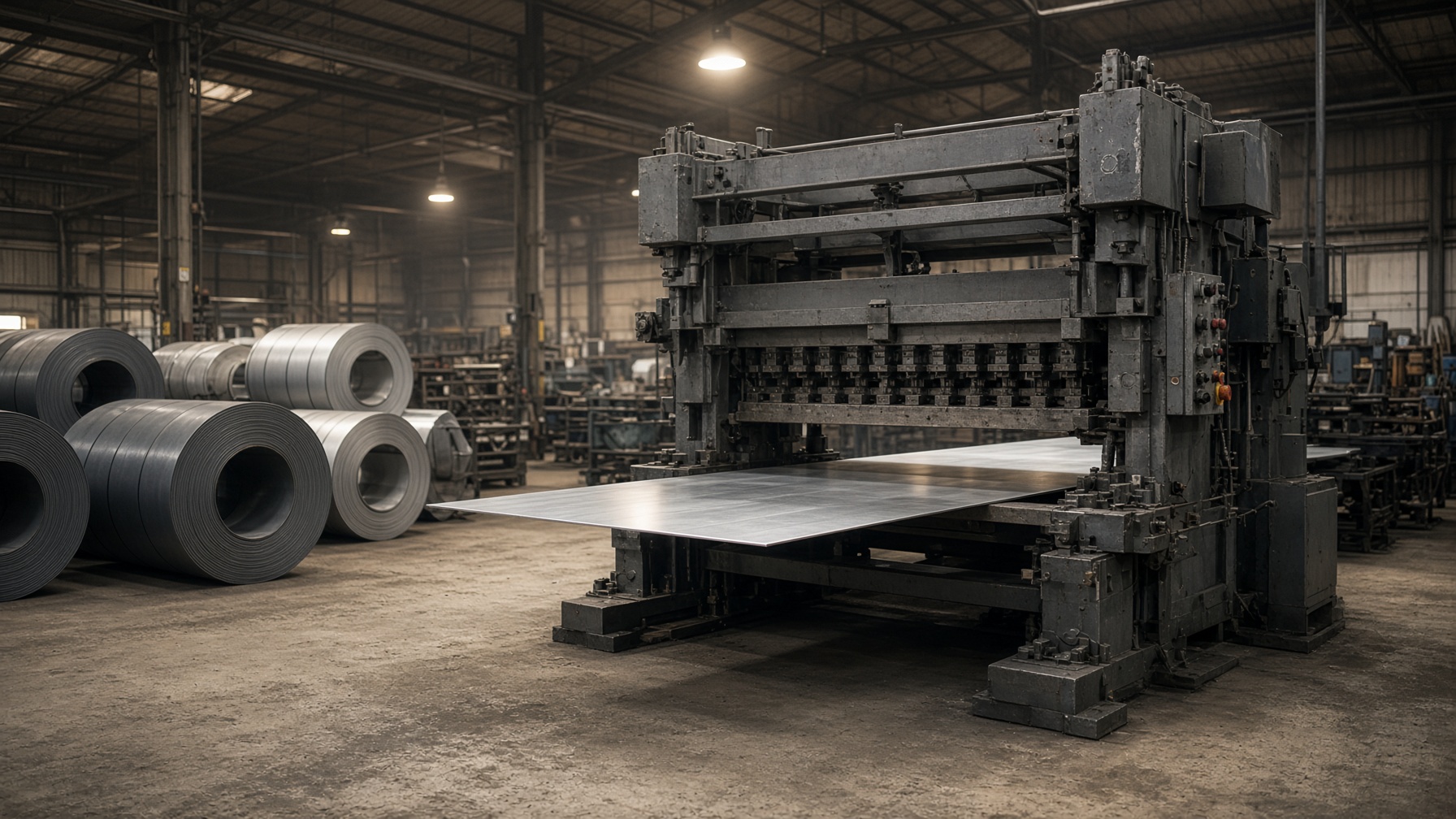 Power press feeding a strip of galvanised steel inside a metal-pressing shop