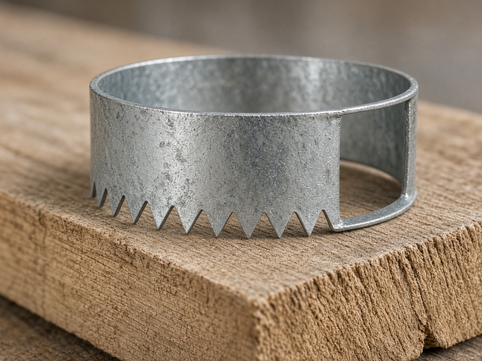 Close view of a galvanised toothed end band on the end of a timber board