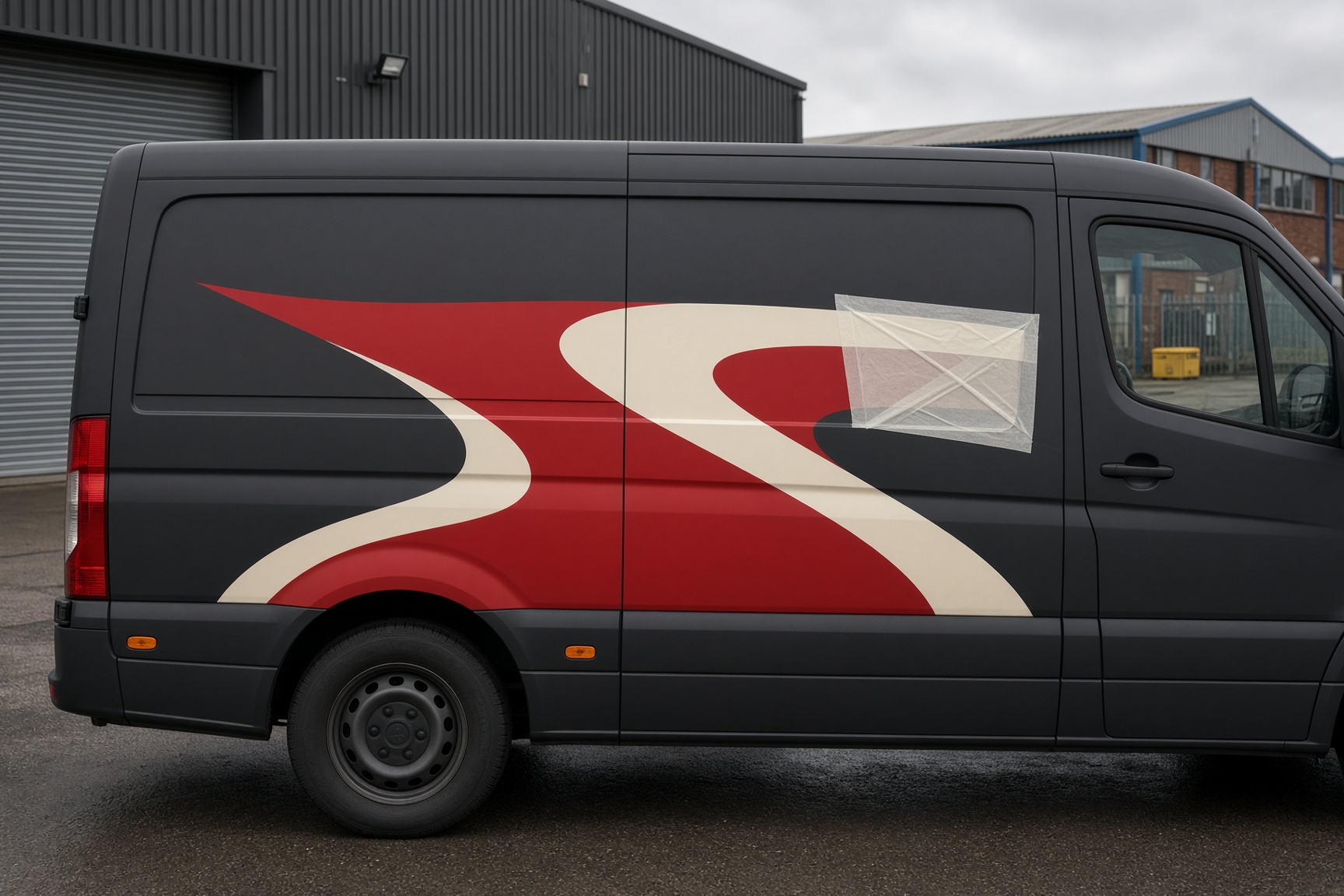 Charcoal panel van with a red and cream vinyl graphic on an industrial estate