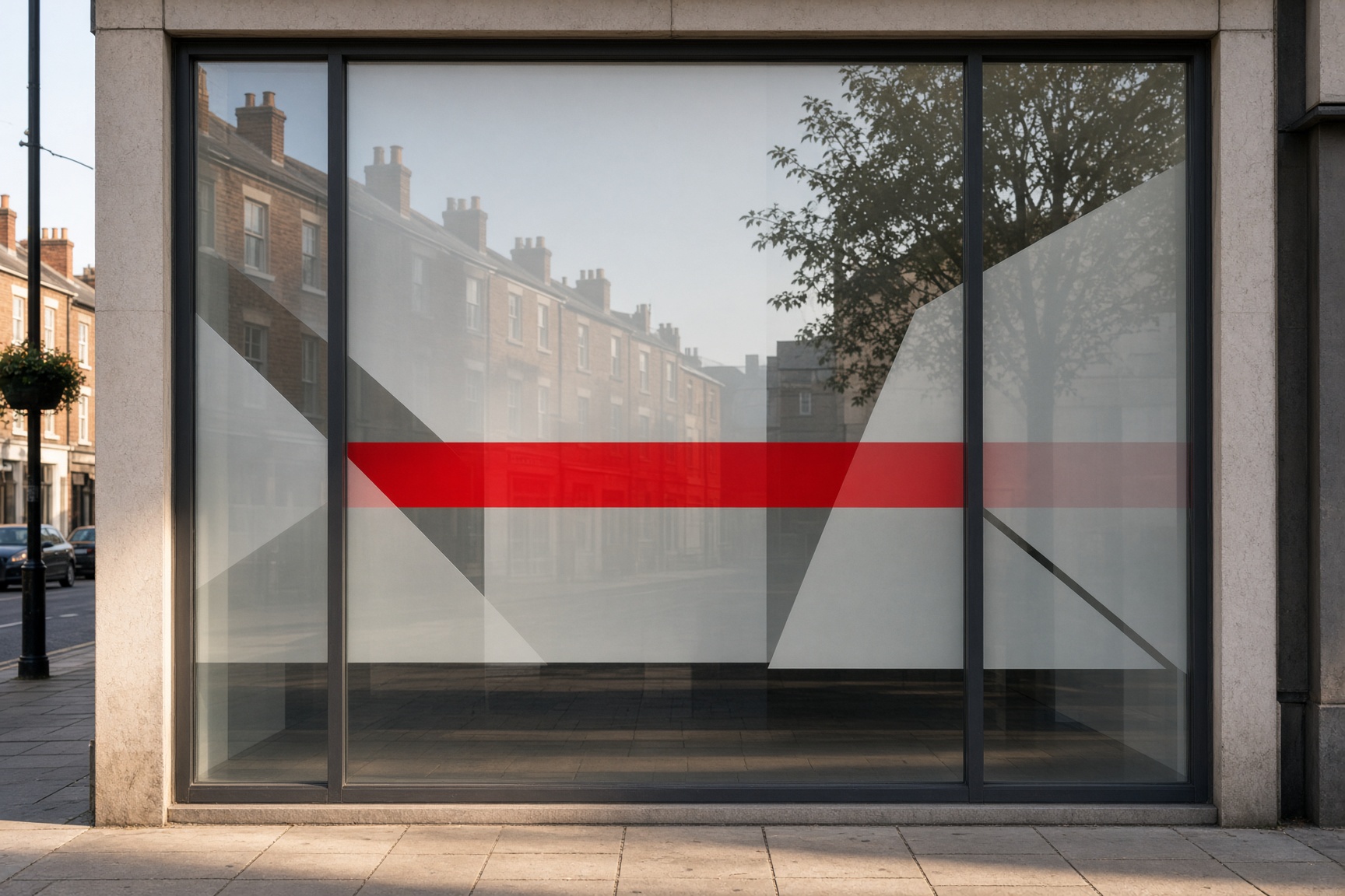Shop window with frosted vinyl panels and a red graphic stripe