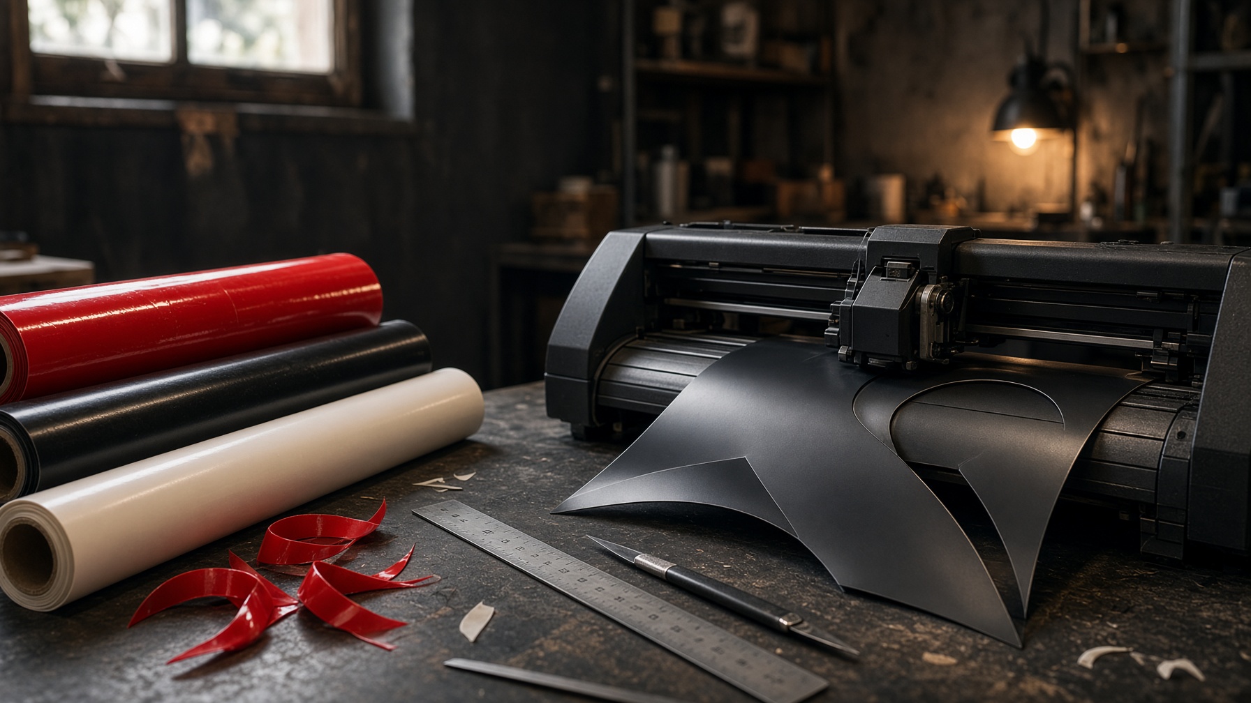 Vinyl plotter and rolls of red adhesive film on a workshop bench