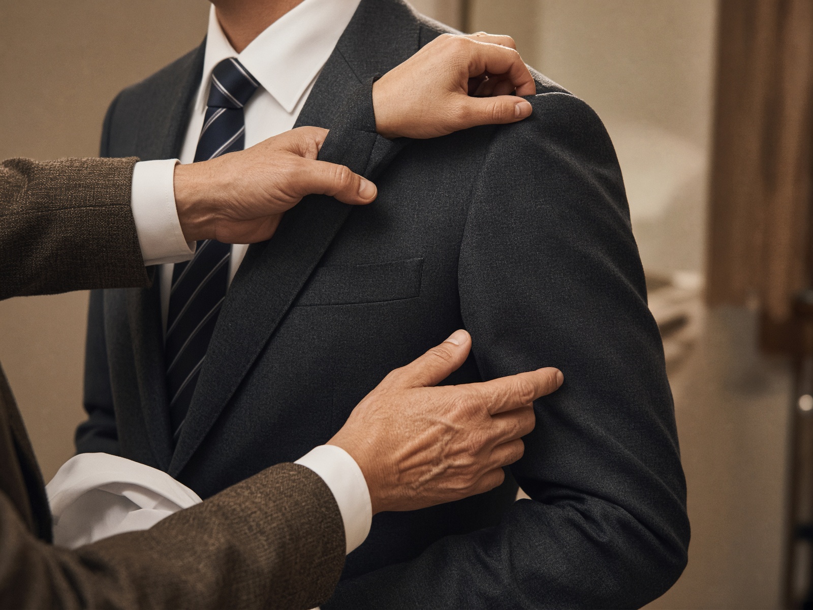 A tailor adjusting the shoulder of a charcoal suit during a fitting