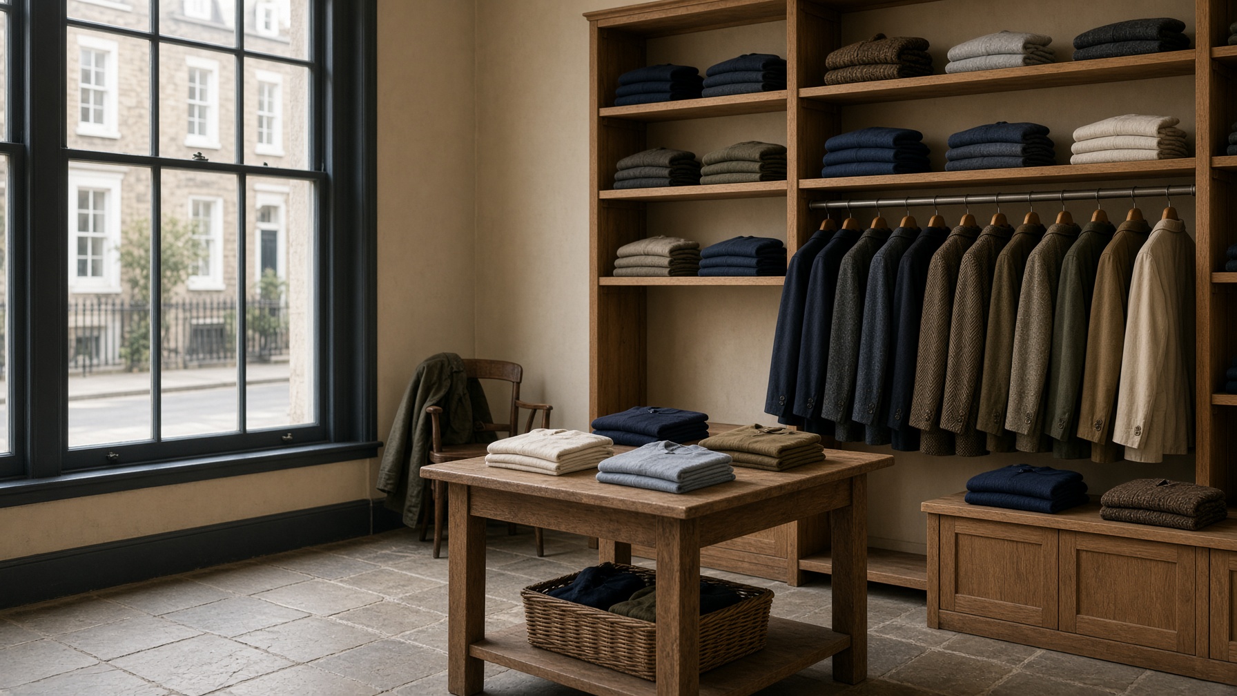 Oak shelves of folded shirts and jackets in a menswear shop