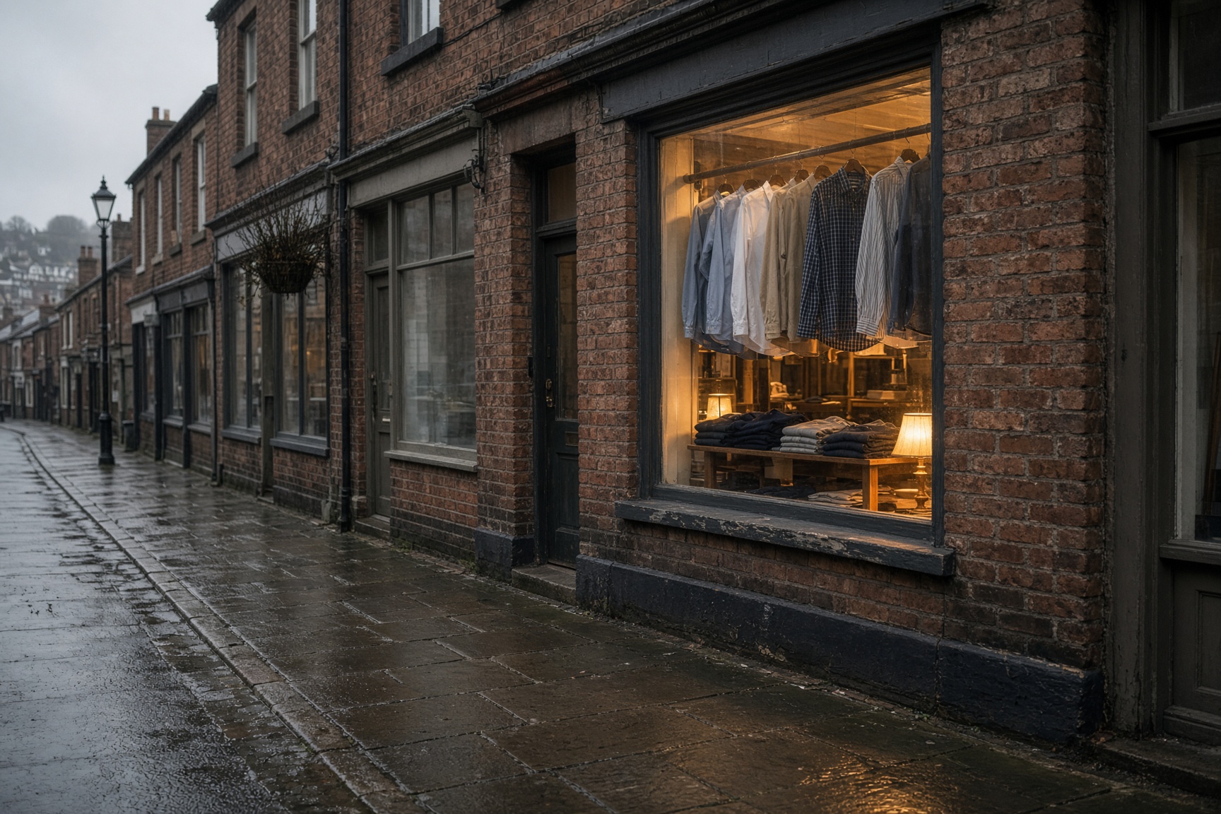 A North East high street in the morning, with a warm-lit clothing shop window