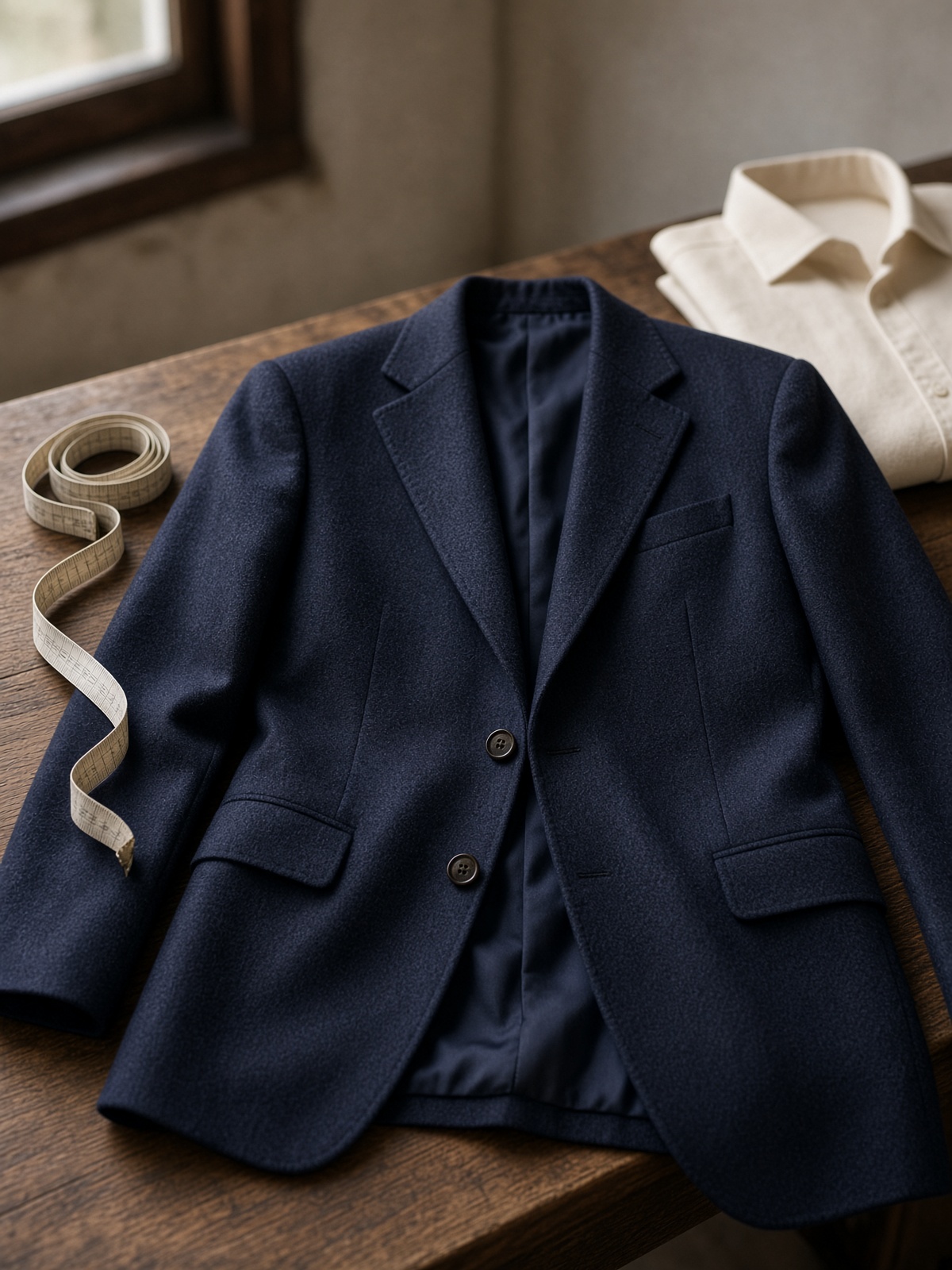 Navy wool suit jacket on a tailor's table with a tape measure