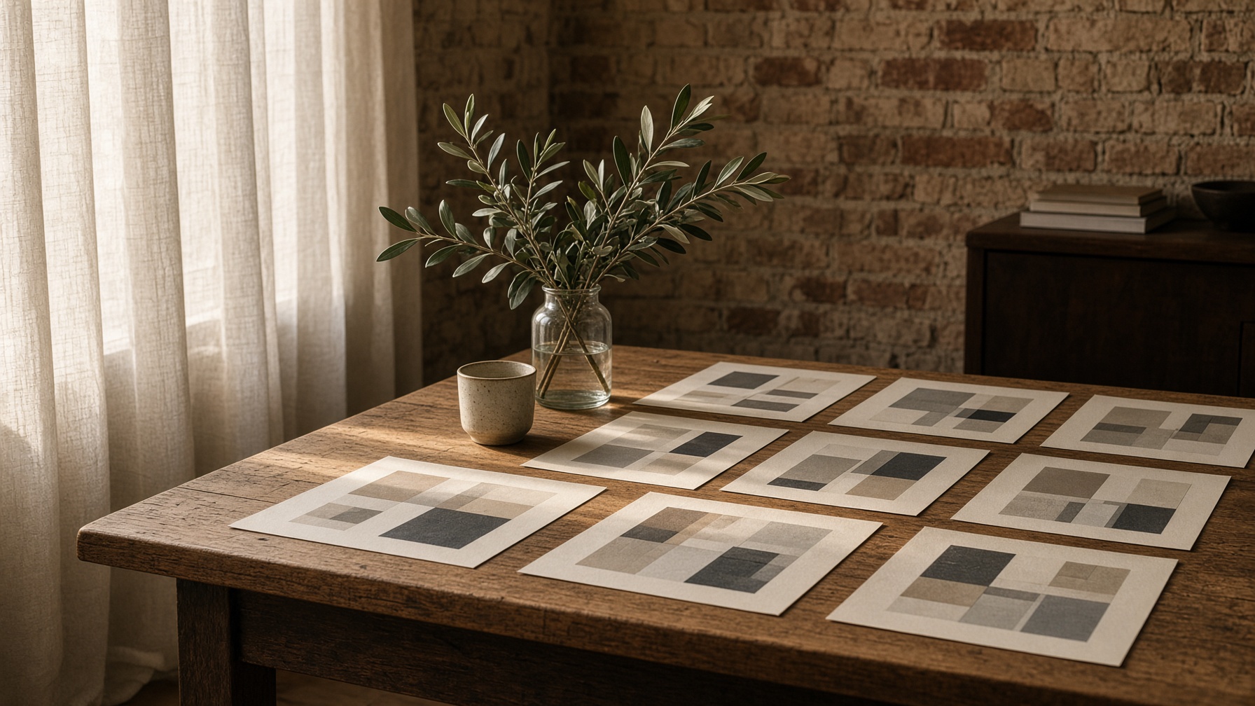 A studio table with printed page layouts in afternoon light